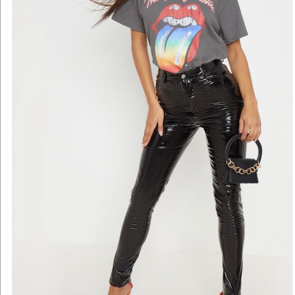 PrettyLittleThing black button front vinyl pants